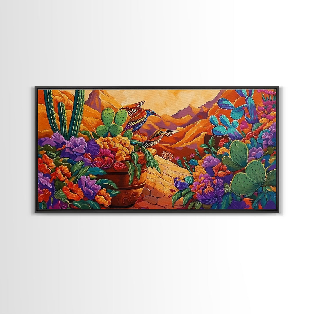 Birds Cactus, Blossoms, Bright Nature Framed Canvas Print, Desert Floral Wall Decor, Southwest Living Room Boho Wall Art