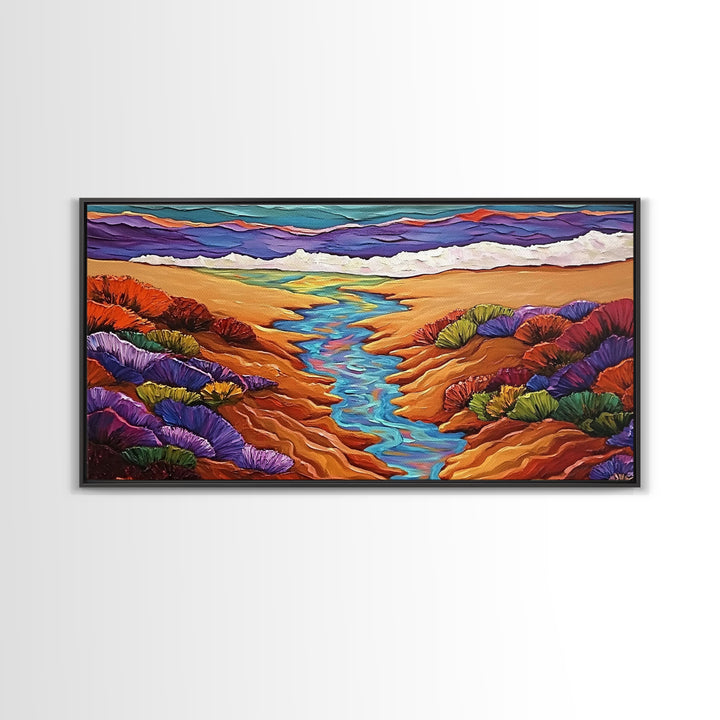 Stream Desert, Flowers, Vibrant Nature Canvas Print, Southwest Landscape Wall Decor, Autumn Living Room Boho Art Style