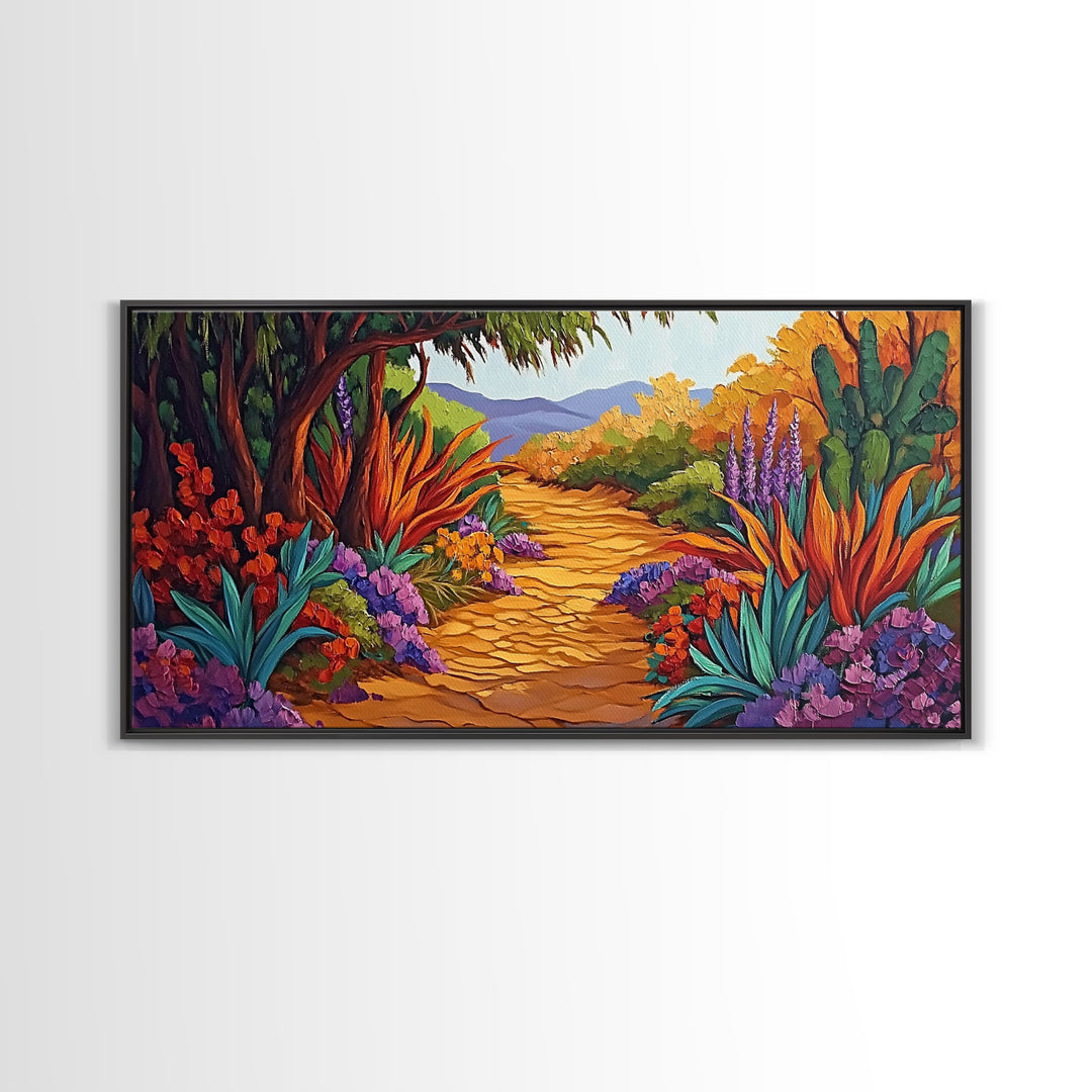 Autumn Pathway, Forest, Flowers, Framed Canvas Print fall landscape painting, nature wall art, rustic cabin decor, living room art