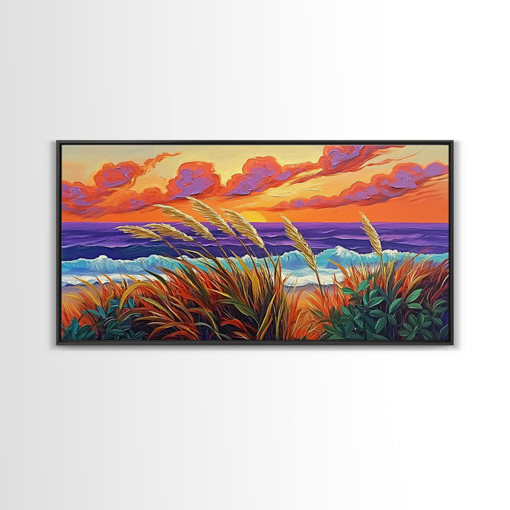 Ocean Sunset, Dunes, Seagrass, Canvas Print beach landscape wall decor, coastal art, vibrant sunset painting, tropical boho home decor