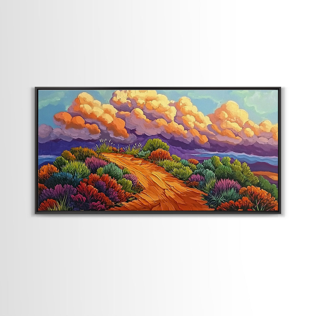 Autumn Trail, Clouds, Flowers, Canvas Print, fall mountain trail painting, landscape wall art, rustic cabin decor, hallway artwork