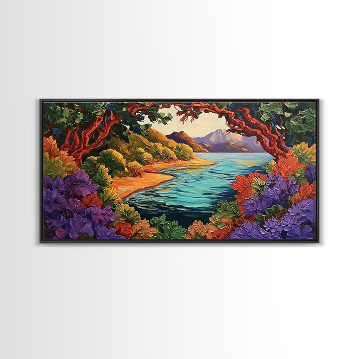 Colorful Coastal, Framed, Bright tropical coastal landscape view with water and foliage, Framed Canvas Print, living room wall art