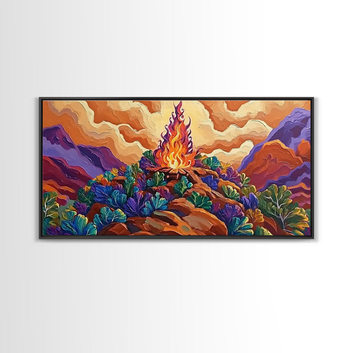 Campfire, Mountains, Glow, Vibrant campfire scene with colorful mountains and plants, Framed Canvas Print, rustic cabin wall art