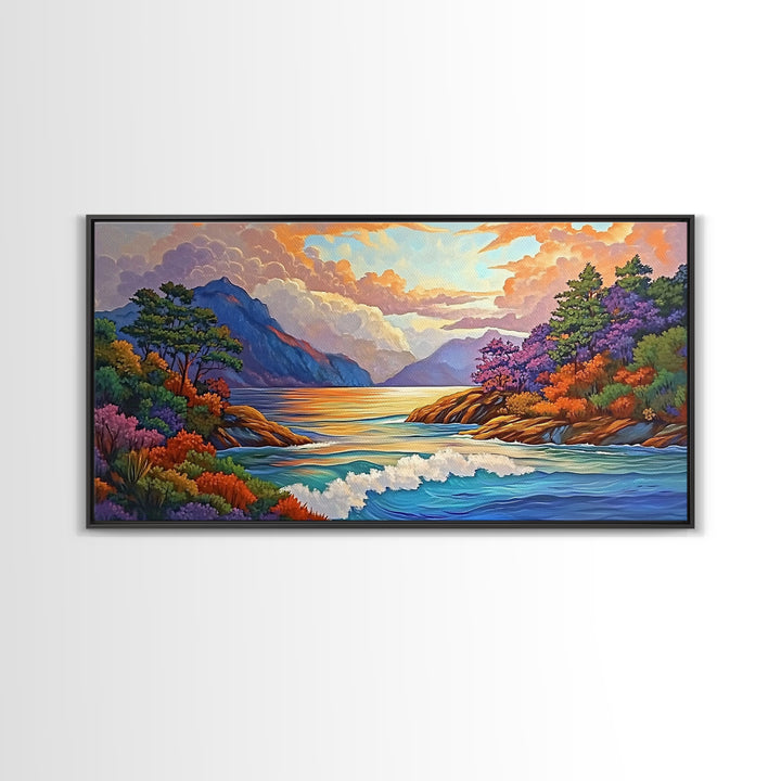 Ocean Sunset View, Vibrant Coastline, Mountain Landscape, Canvas Print, Living Room Wall Art, Colorful Seascape, Nature Painting