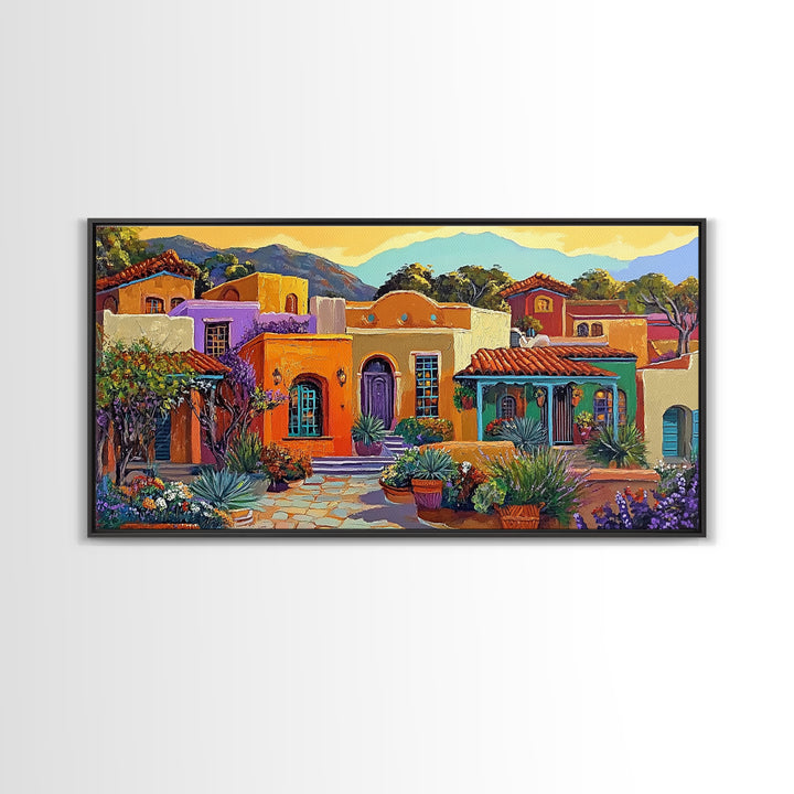 Colorful Adobe Homes, Desert Village Scene, Southwest Art Style, Canvas Print, Boho Wall Decor, Vibrant Courtyard Painting