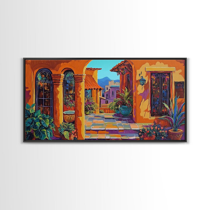Spanish Courtyard, Colorful Villa Street, Southwest Patio Art, Framed Canvas Print, Mediterranean Home Decor, Rustic Wall Art