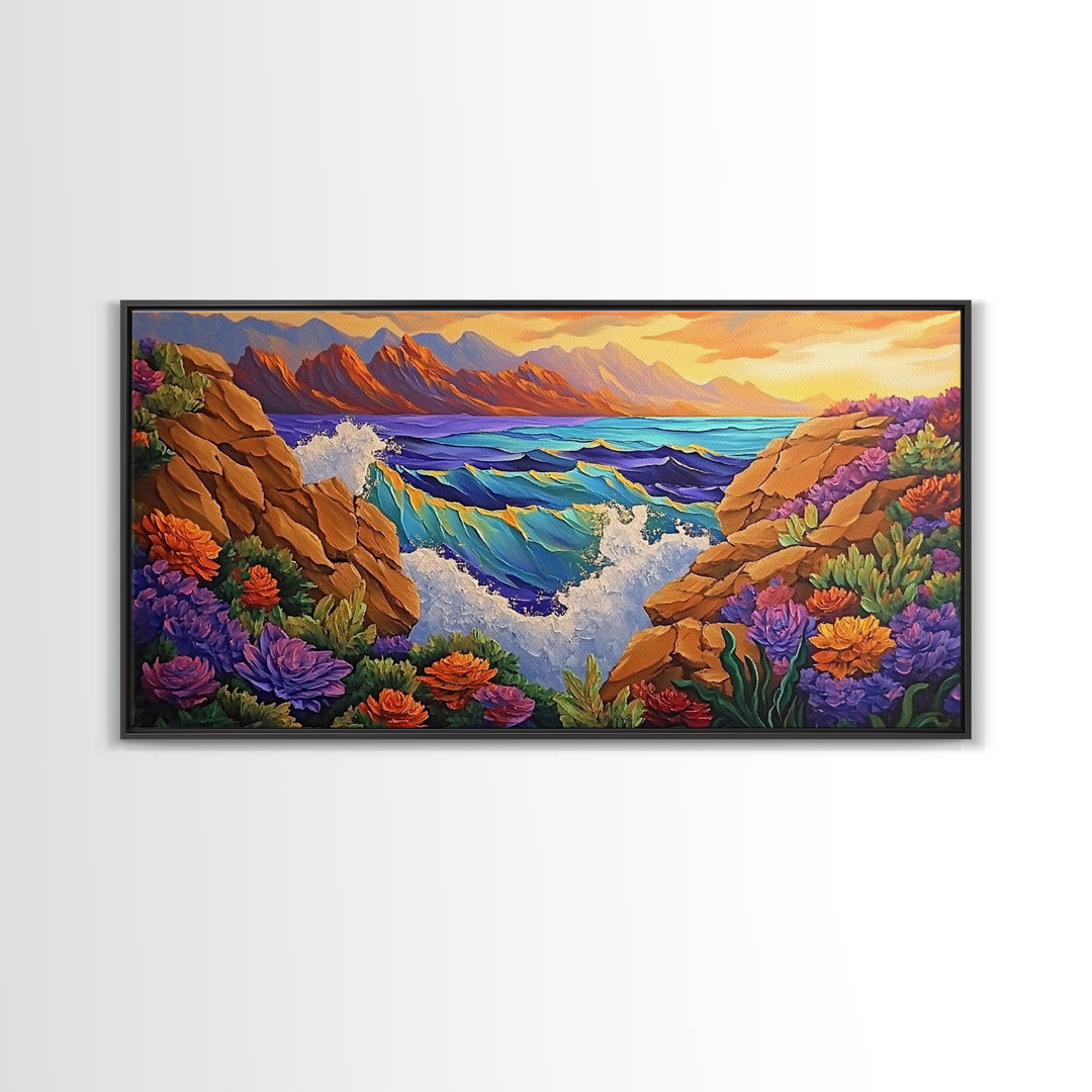 Ocean Cliff View, Crashing Waves Sunset, Bold Coastal Art, Framed Canvas Print, Nature Inspired Decor, Vibrant Seascape Painting