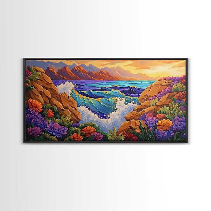 Ocean Cliff View, Crashing Waves Sunset, Bold Coastal Art, Framed Canvas Print, Nature Inspired Decor, Vibrant Seascape Painting