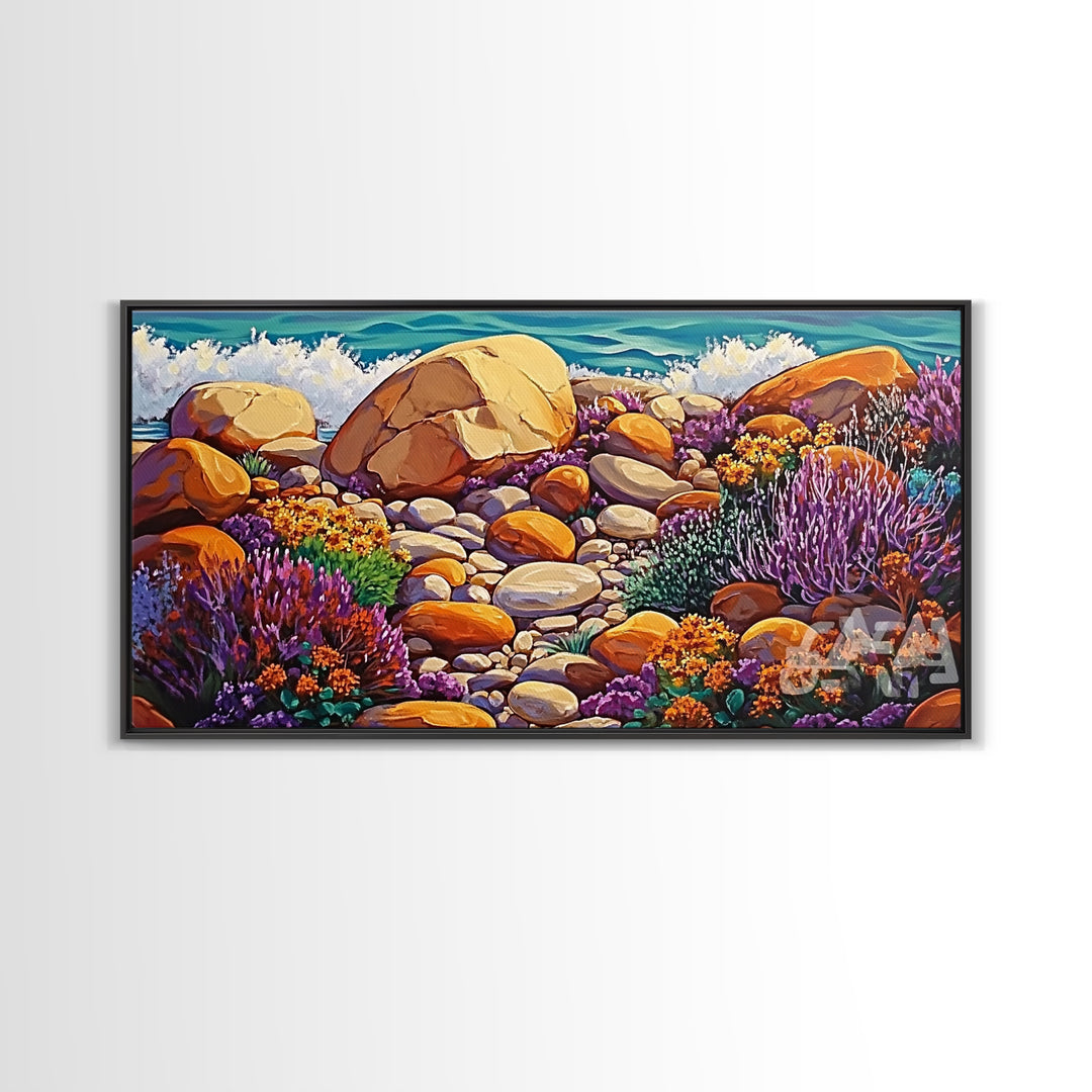 Coastal Garden, Rocks, Framed Canvas Print, Seaside nature landscape wall decor, Kitchen Wall Art, coastal art, vibrant summer vibe
