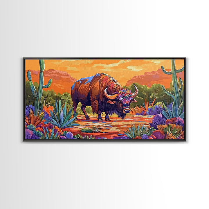 Buffalo Desert, Flowers, Canvas Print, Western buffalo art, colorful desert scene, ranch decor, Office Wall Art, Autumn Wall Art