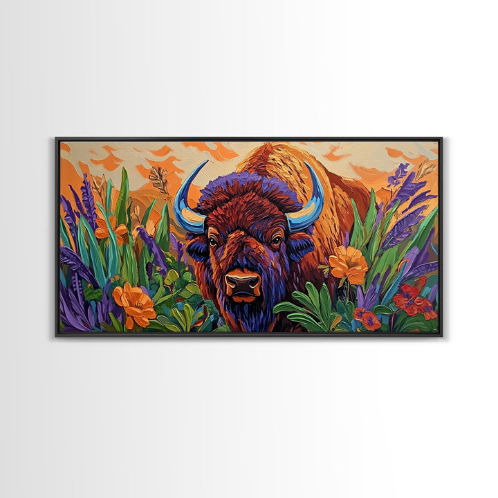Buffalo Flowers, Bold, Canvas Print, Western bison face art, eclectic boho style, Living Room Wall Art, vibrant wildlife painting