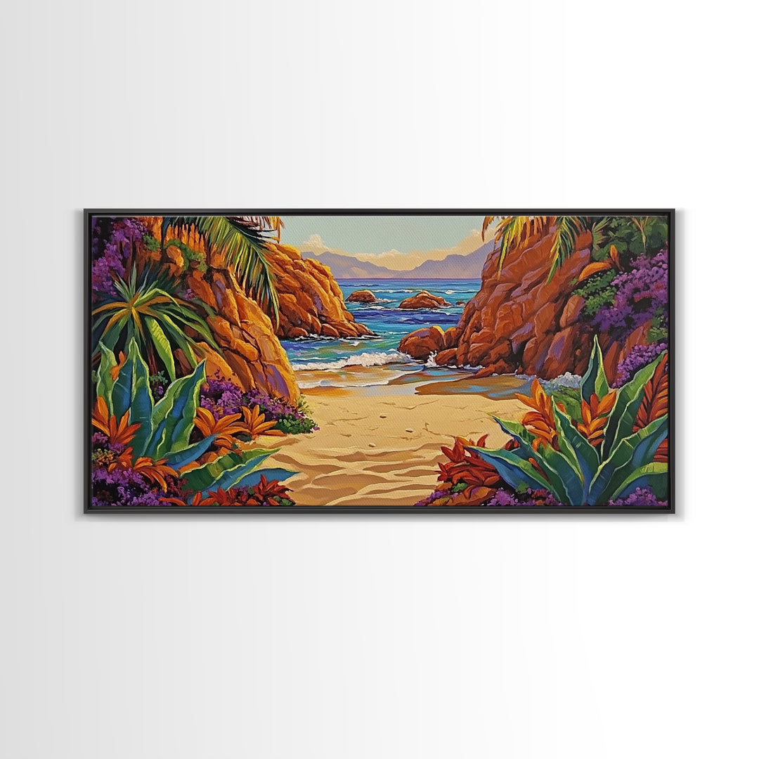 Cove Palms, Beach, Framed Canvas Print, Secluded tropical beach scene, Bedroom Wall Art, boho paradise vibes, coastal summer escape