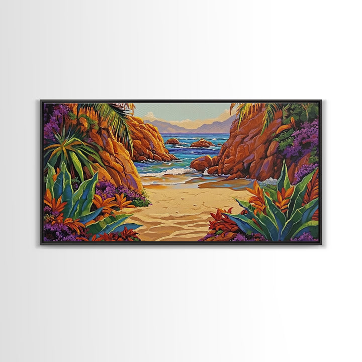 Cove Palms, Beach, Framed Canvas Print, Secluded tropical beach scene, Bedroom Wall Art, boho paradise vibes, coastal summer escape