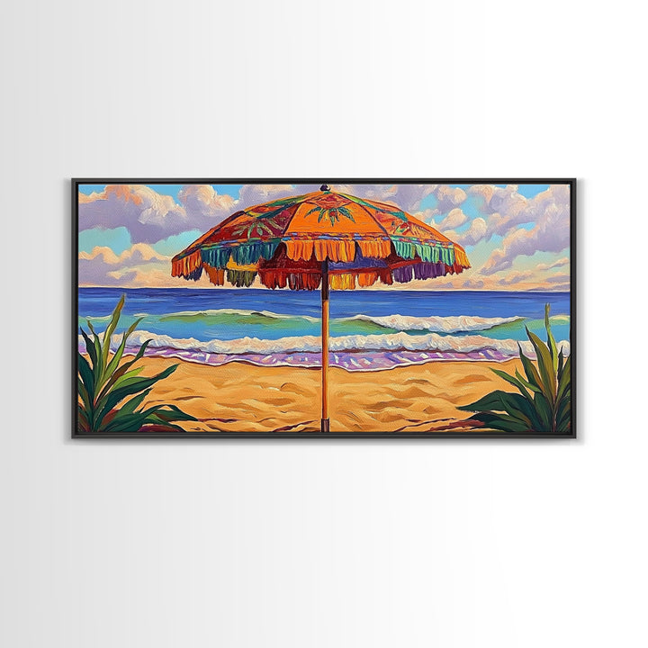 Umbrella Beach, Ocean, Framed Canvas Print, Colorful Beach Umbrella Painting, Retro Coastal Wall Decor, Summer Kitchen Art