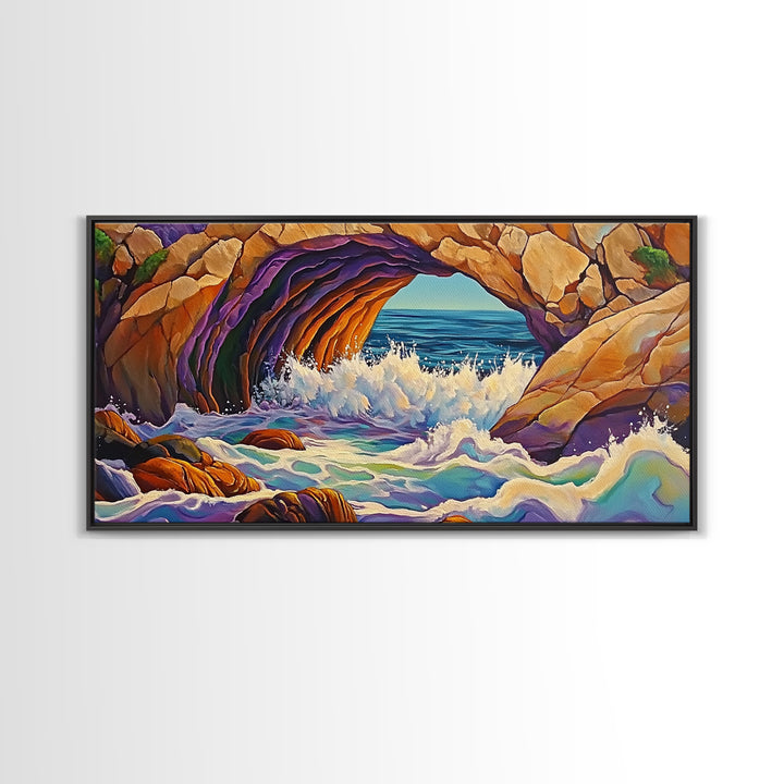 Cave Ocean, Wave, Cliff, Canvas Print, Coastal Nature Art, Bold Seaside Landscape Painting, Living Room Wall Decor, Nature Escape