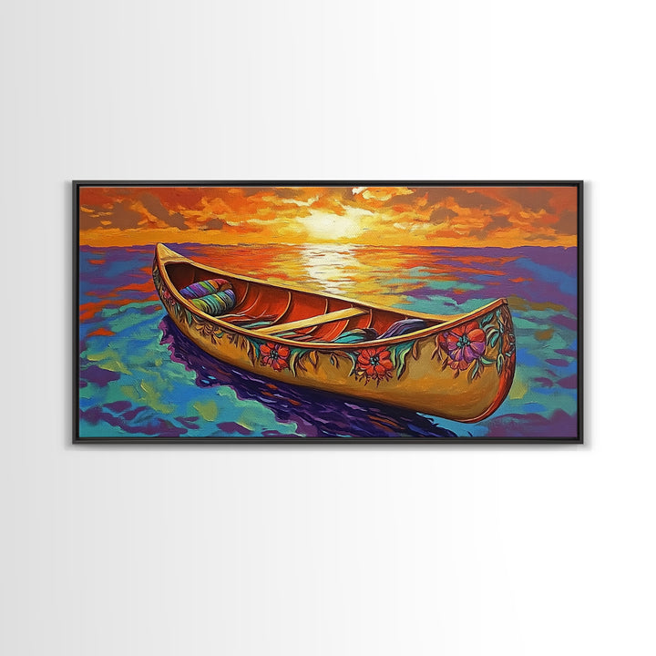 Canoe Sunset, Ocean, Solitude, Framed Canvas Print, Tranquil Beach Wall Art, Summer Decor, Nautical Painting, Living Room Accent
