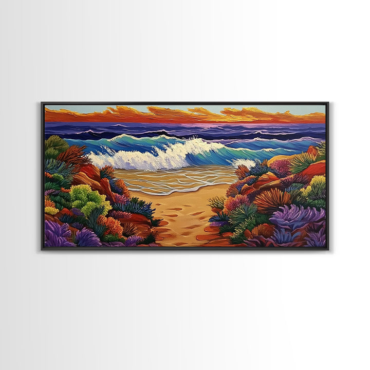 Waves Beach, Sunset, Coastal, Framed Canvas Print, Ocean Wall Art, Colorful Seascape Decor, Nautical Living Room Accent, Coastal Vibes