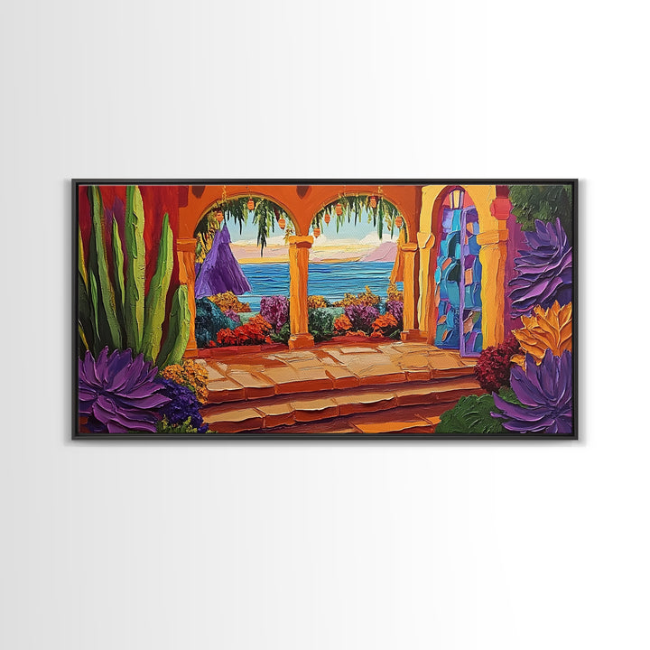 Patio Ocean, Paradise, View, Canvas Print tropical patio view art, living room coastal decor, sunset painting, Mediterranean vibes