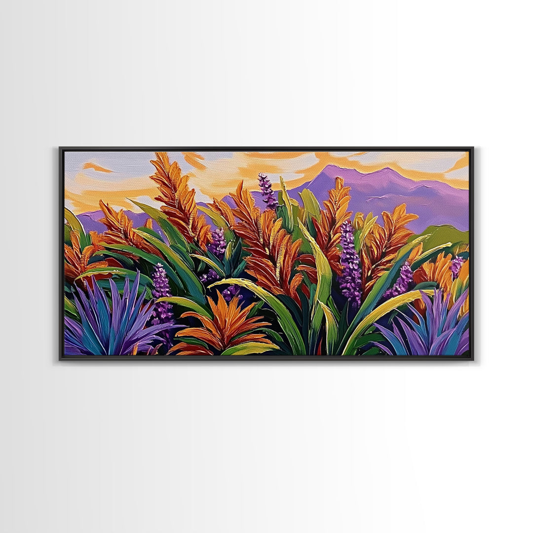 Botanical Sunset, Mountain, Framed Canvas Print, Vibrant Flower Field Painting, Nature Boho Wall Art, Sunset Hallway Decor