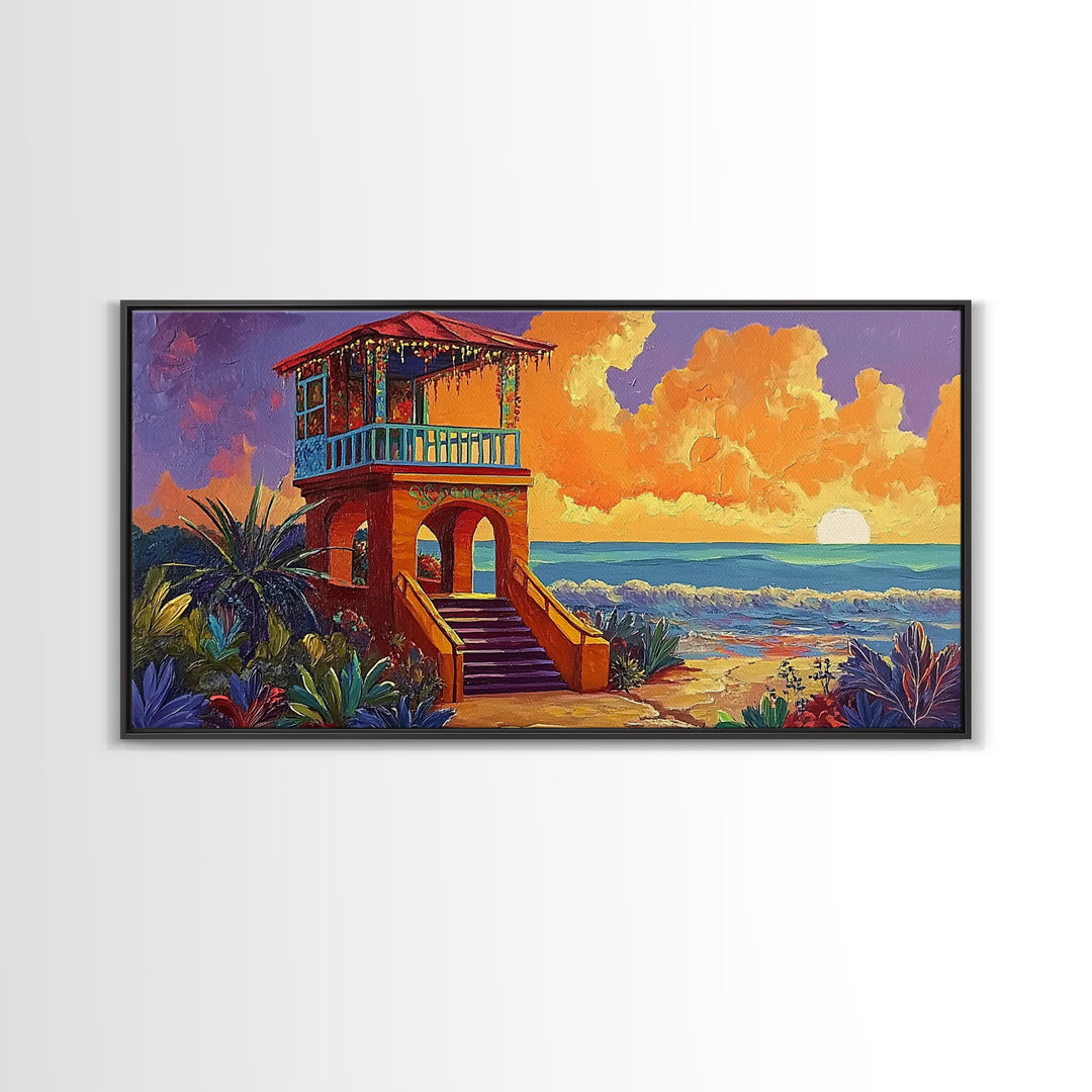 Beach Sunset, Tower, Tropical, Canvas Print, Coastal sunset art, boho beach house decor, vibrant tropical wall art, living room art