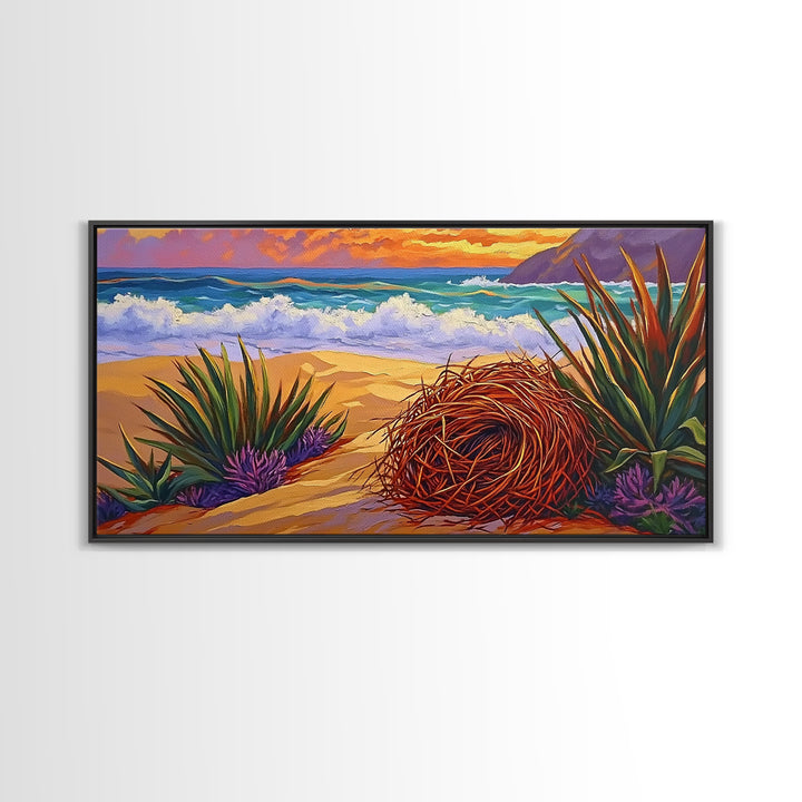 Nest Ocean, Beach, Nature, Framed Canvas Print, Desert beach art, boho coastal nature scene, calming fall tones, living room wall decor
