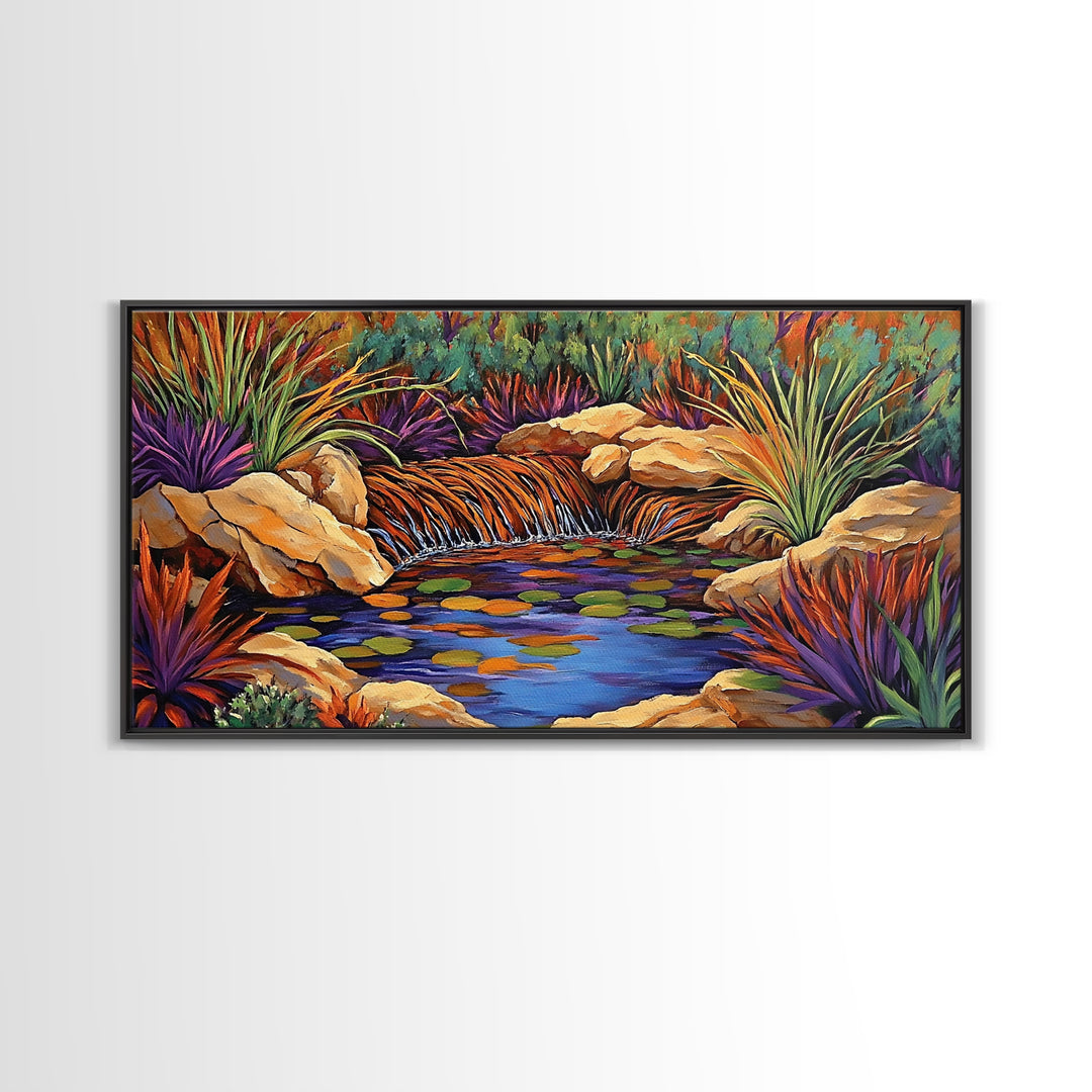 Desert Waterfall, Vibrant, Nature, Framed Canvas Print, desert oasis waterfall, Living Room Wall Art, colorful landscape painting
