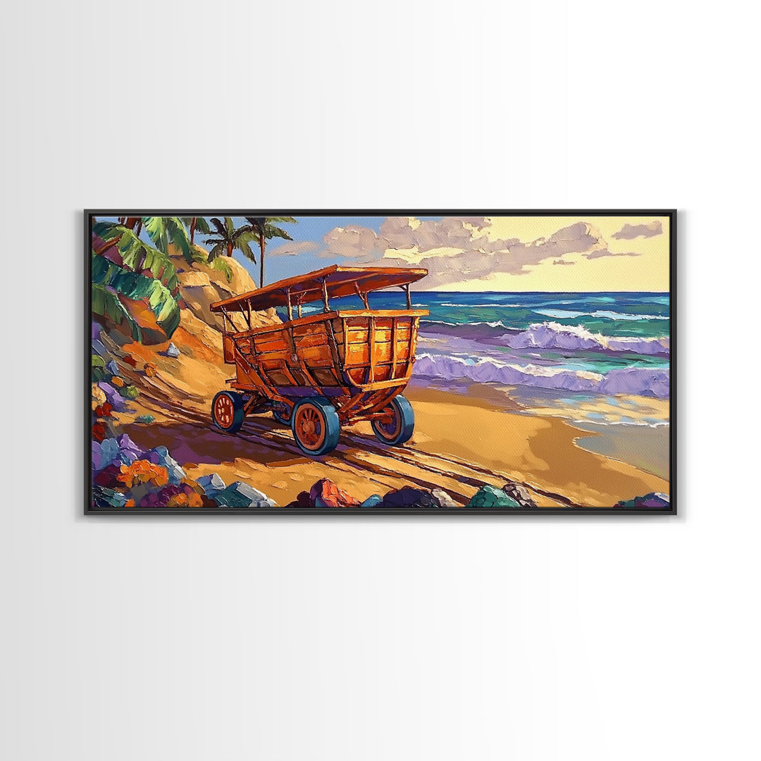 Coastal Cart, Tropical Beach, Ocean Shoreline, Framed Canvas Print, Rustic Wall Art, Coastal Living Room Decor, Summer Vibes Painting