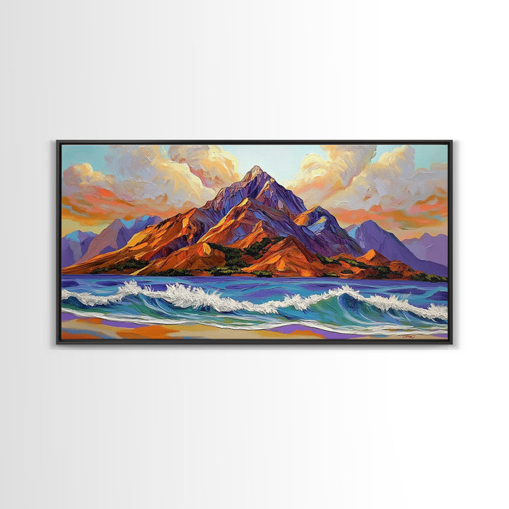 Ocean Peak, Island Sunrise, Vibrant Mountain, Framed Canvas Print, Bold Coastal Art, Beach House Wall Decor, Sunset Vibes