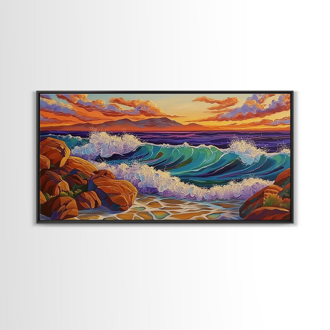 Coastal Splash, Sunset Rocks, Ocean Wave, Framed Canvas Print, Bold Nature Wall Art, Living Room Decor, Vibrant Seaside Artwork