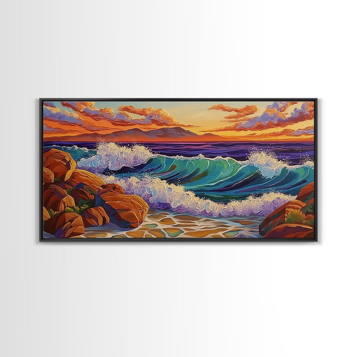 Coastal Splash, Sunset Rocks, Ocean Wave, Framed Canvas Print, Bold Nature Wall Art, Living Room Decor, Vibrant Seaside Artwork
