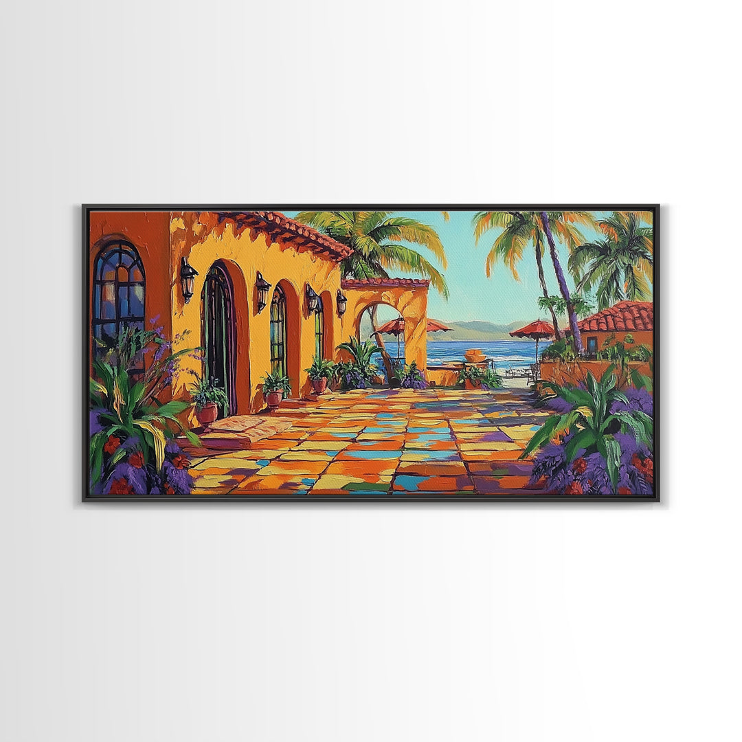 Coastal Patio, Palm View, Sunset, Canvas Print, Mexican beach terrace painting great Entryway Wall Art or Mediterranean Home Decor