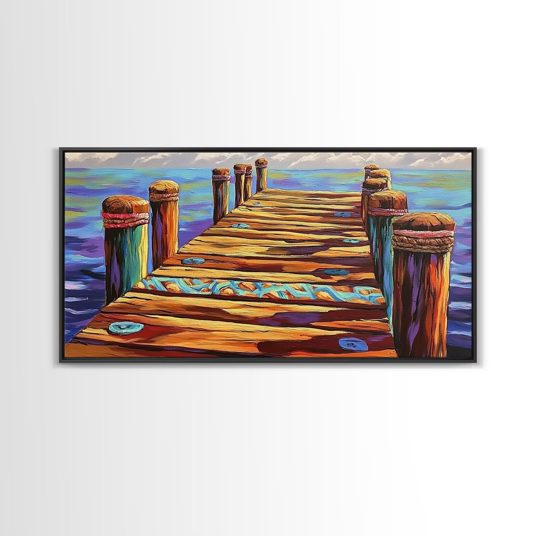Dock View, Ocean, Coastal Path, Framed Canvas Print, Vibrant pier artwork ideal Beach House Wall Art or Nautical Entryway Decor