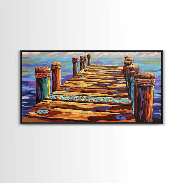 Dock View, Ocean, Coastal Path, Framed Canvas Print, Vibrant pier artwork ideal Beach House Wall Art or Nautical Entryway Decor