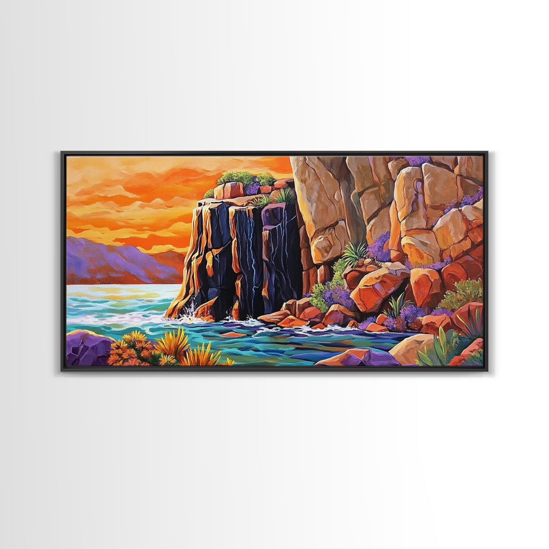 Desert Sunset, Cliffs, Nature, Framed Canvas Print, rocky cliffs and sea, Boho Living Room Wall Art, colorful sunset art, coastal vibes