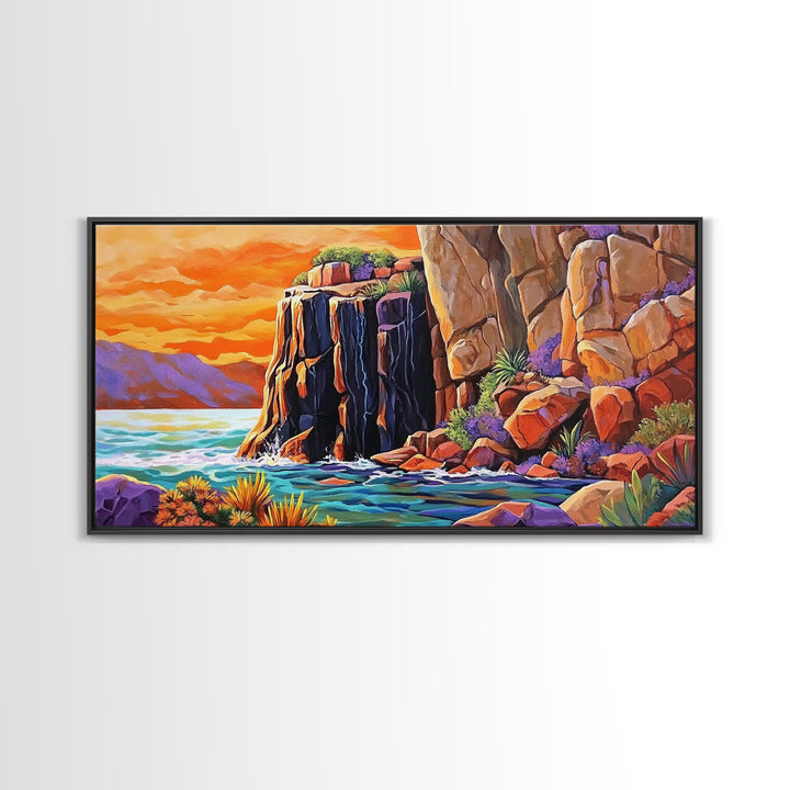 Desert Sunset, Cliffs, Nature, Framed Canvas Print, rocky cliffs and sea, Boho Living Room Wall Art, colorful sunset art, coastal vibes