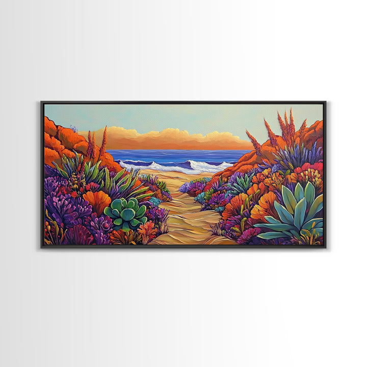 Beach Trail, Succulents, Ocean Path, Framed Canvas Print, Vibrant desert-to-ocean painting perfect Kitchen Wall Art or Boho Coastal Decor
