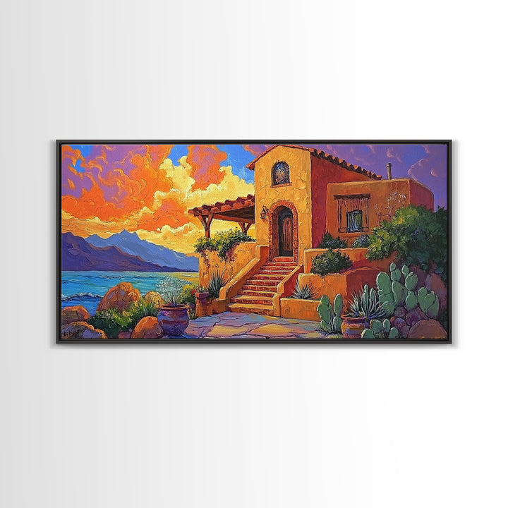 Desert Adobe, Sunset, Southwest, Framed Canvas Print, southwestern home art, rustic decor, living room wall art, fall adobe style