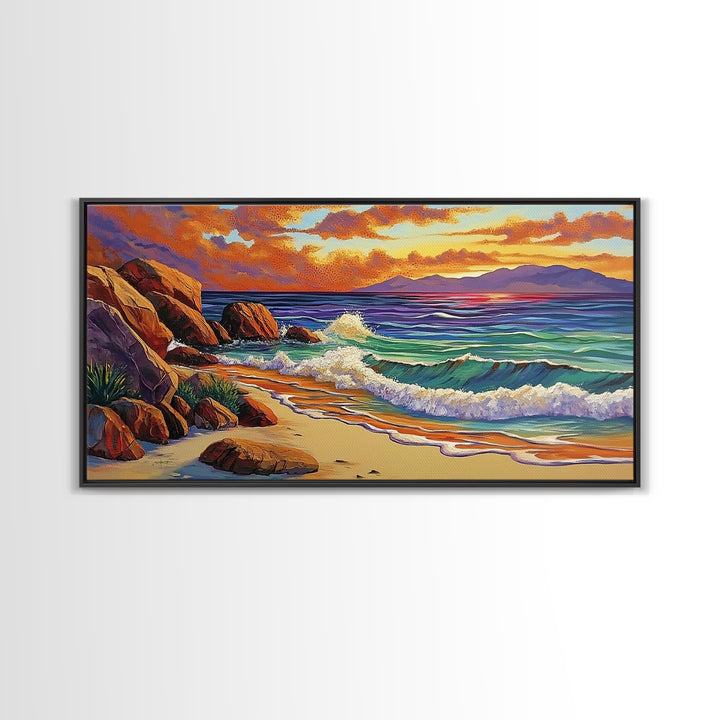 Coastal Sunset, Waves, Shore, Framed Canvas Print, ocean beach decor, seascape living room wall art, tropical boho coastal style