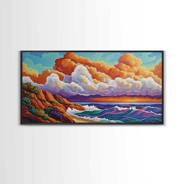 Clouds Ocean, Sunset, Dreamy, Framed Canvas Print, whimsical seascape, vibrant wave art, living room decor, beach wall art