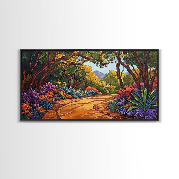 Nature Pathway, Garden, Trees, Framed Canvas Print, vibrant forest trail art, spring botanical decor, living room boho landscape