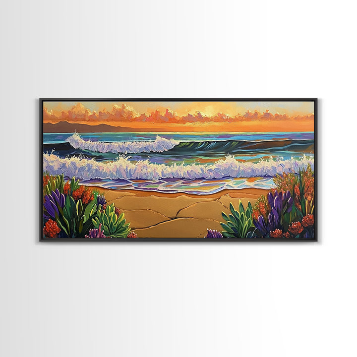 Ocean Sunset, Waves, Coastal, Canvas Print, ocean waves at sunset, Coastal Wall Art, vibrant seascape decor, beach house art