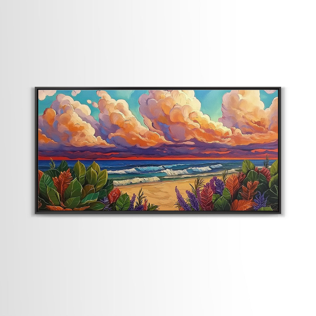 Tropical Beach, Clouds, Canvas Print, Colorful coastal beach artwork with dramatic clouds and waves, Bathroom Wall Art, coastal style