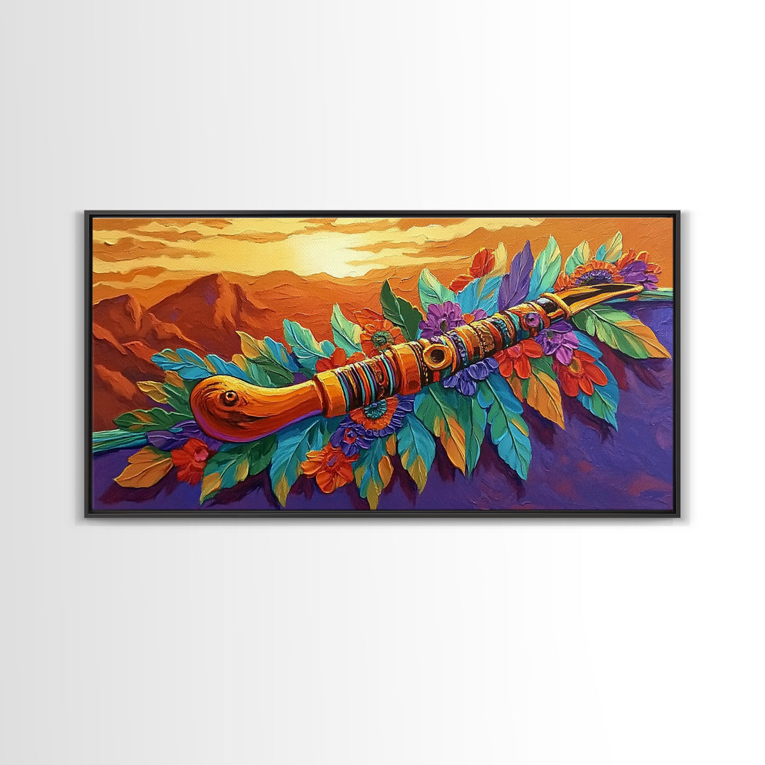 Native Flute, Flowers, Sunset, Framed Canvas Print, Spiritual Native American flute art with flowers and mountains, Boho Wall Art