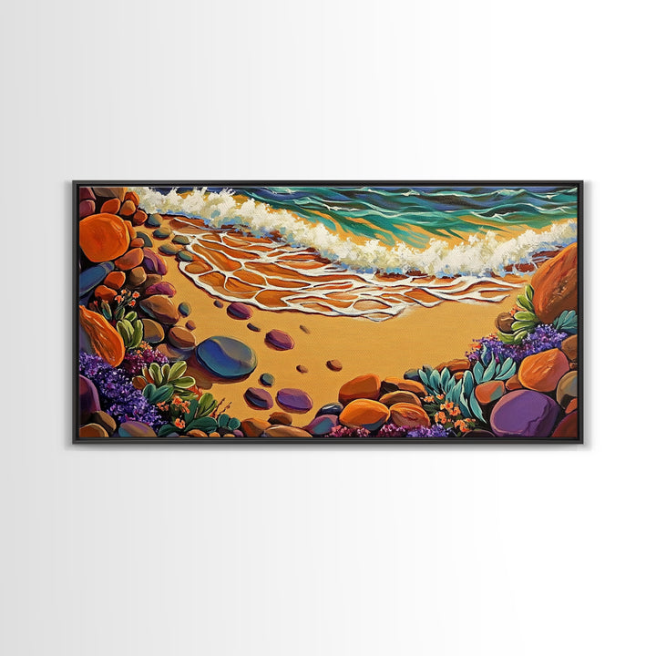 Coastal Shoreline, Footprints, Framed Canvas Print, Coastal beach waves and footprints art with colorful rocks, Bathroom Wall Art