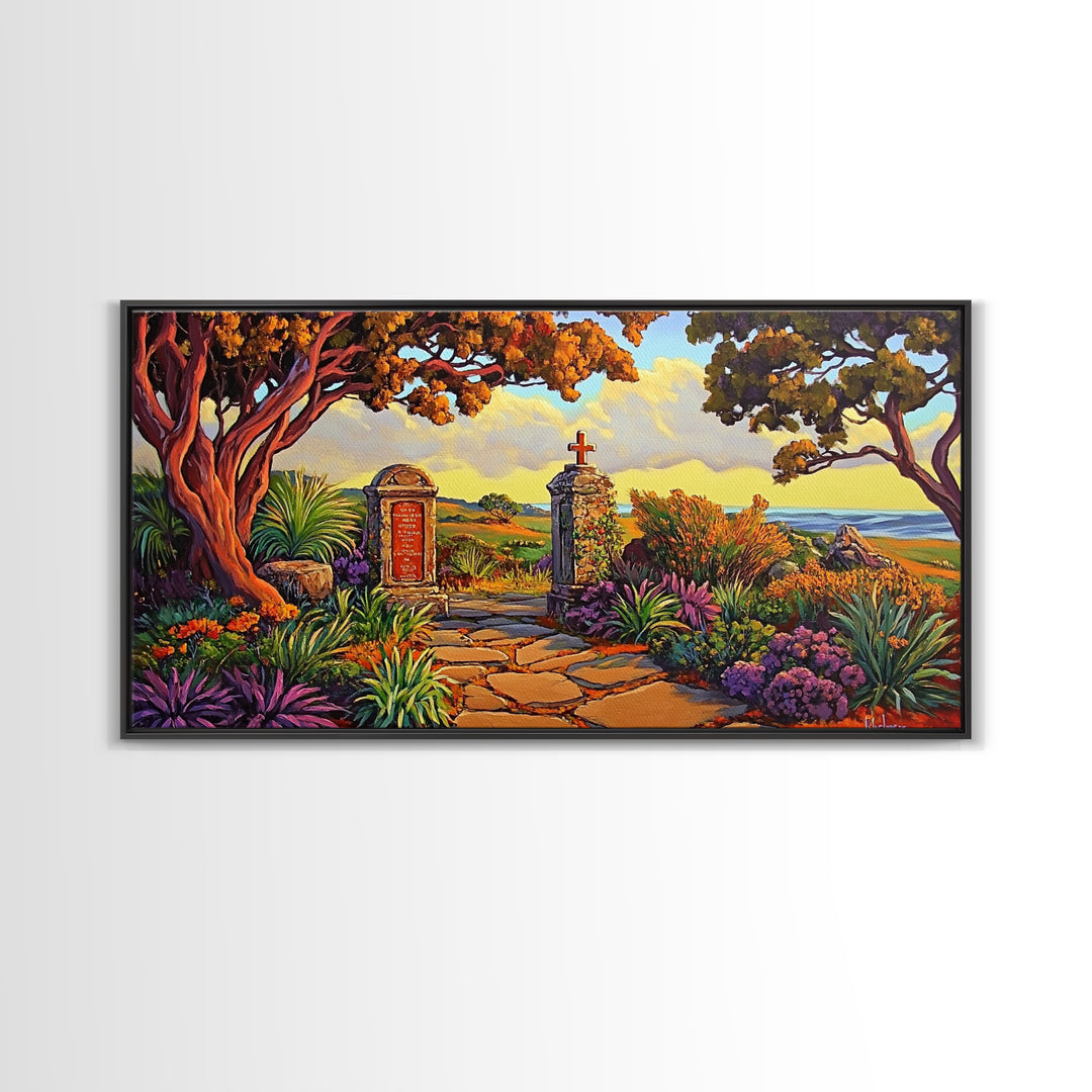 Cross Memorial, Sunset, Framed Canvas Print, Peaceful Autumn scene with cross and mountain view, ideal Fall Living Room Wall Art