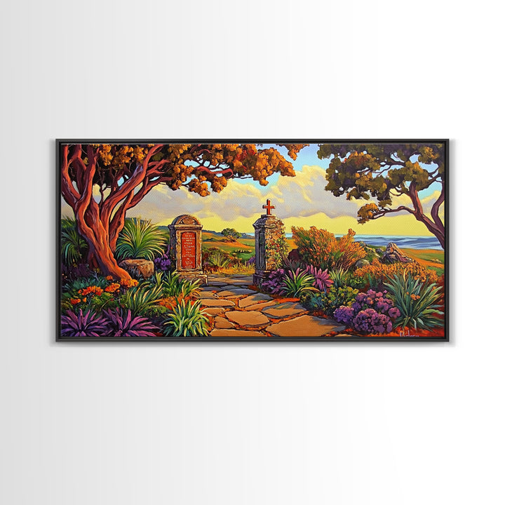 Cross Memorial, Sunset, Framed Canvas Print, Peaceful Autumn scene with cross and mountain view, ideal Fall Living Room Wall Art