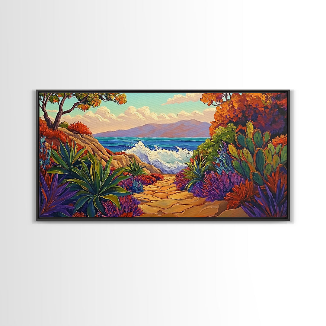 Ocean Path, Sunset, Nature, Canvas Print vibrant coastal wall art, autumn cactus decor, tropical landscape painting, entryway art