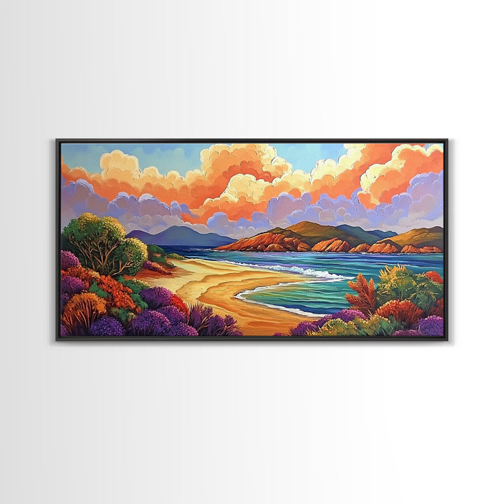 Beach Clouds, Coastal, Pastel, Framed Canvas Print soft tropical seascape painting, ocean view boho art, serene living room print