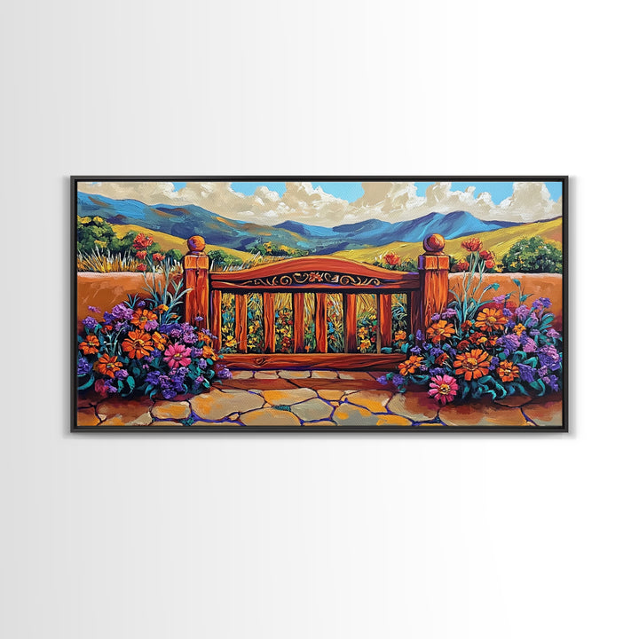 Gate Flowers, Mountains, Country, Framed Canvas Print rustic floral country gate art, bright farmhouse boho garden decor, patio print