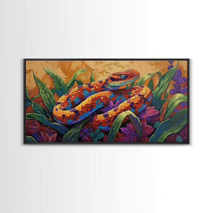 Colorful Snake, Nature, Framed Canvas Print, Jungle Reptile Wall Art, Tropical Home Decor, Bold Wildlife Art, Bedroom Accent, Boho Style